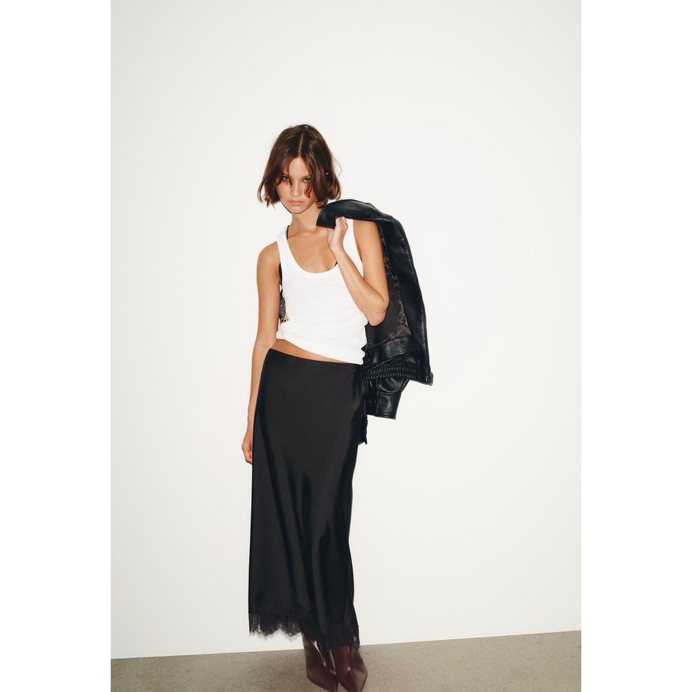 Zara Black Satin Lace Trim Midi Skirt XS NWT High Waist Slip Skirt